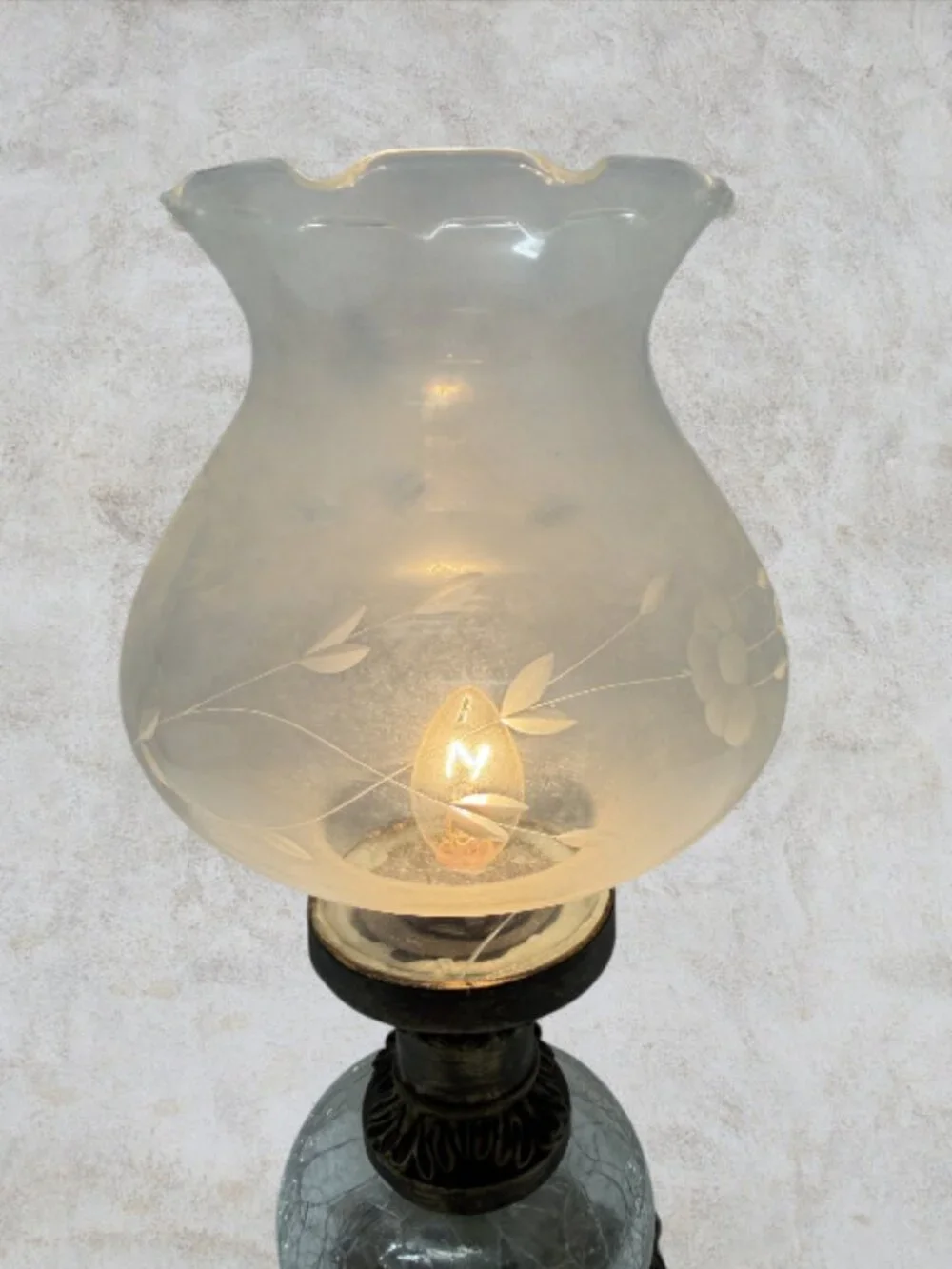 HURRICANE LAMP -- Etched Glass Shade, Crackle Glass Base, Electric, Vintage